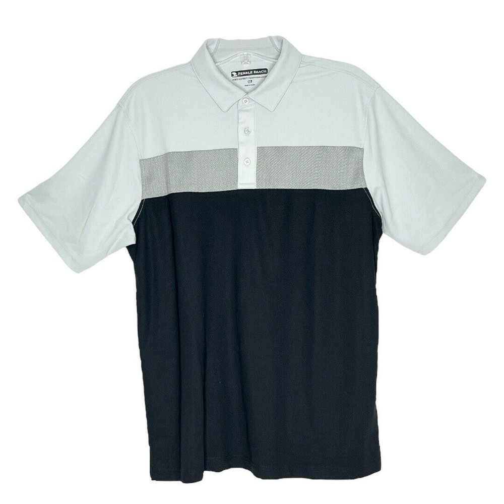 Pebble Beach Dry-Luxe Performance Polo Golf Shirt Black Gray Wide Striped Men XL